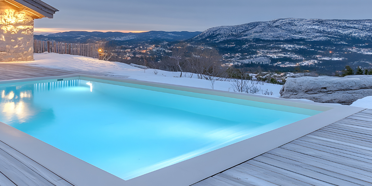 Piscine design chauffée dans une villa moderne, illustrant les solutions Poolplanet : pompes à chaleur, réchauffeurs électriques et déshumidificateurs pour profiter d’une eau de piscine agréable toute l’année.